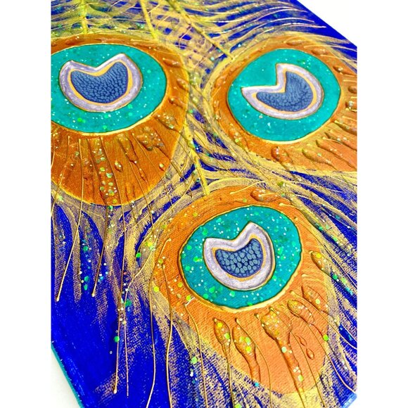 Peacock Sparkle Original Art Mixed Media Artwork Glittery Acrylic Resin Painting - Picture 3 of 7